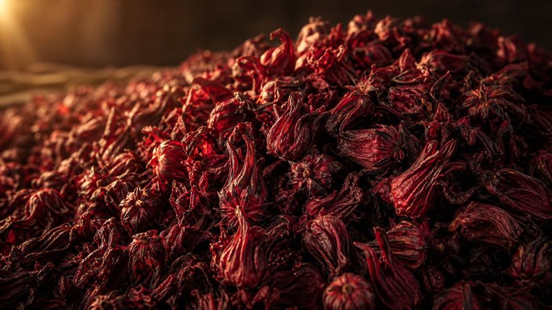 Grade A dried Nigerian hibiscus calyces — whole, sifted, deep red