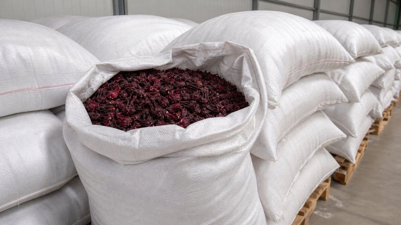 25 kg PP bags stacked on pallets in the export warehouse