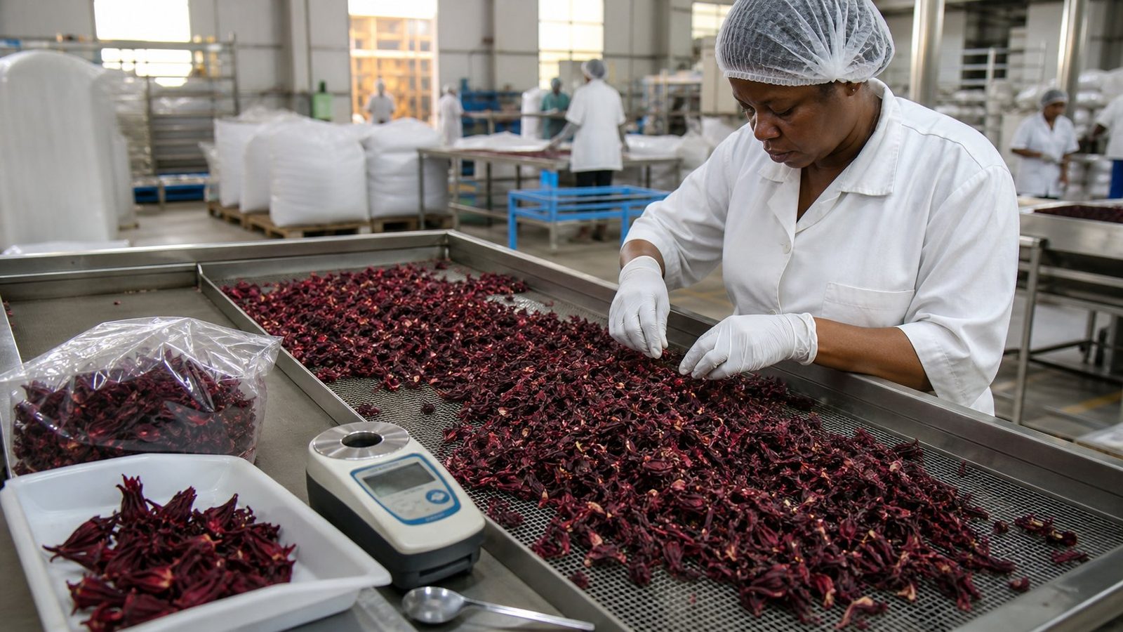 Dried hibiscus calyces being sifted and hand-picked on a stainless-steel sorting table